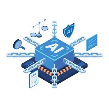 Isometric AI Processor Chip with Legal Chains and Symbols Stock Illustration