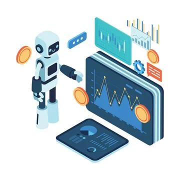 Isometric AI Robot Analyzing Financial Data and Cryptocurrency Stock Illustration