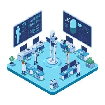 Isometric AI Robot Assisting Team of Medical Professionals In Lab Stock Illustration