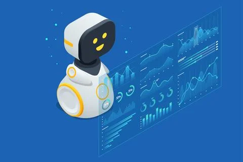 Isometric AI robot assisting a user with data visualization and reports on a イラスト素材