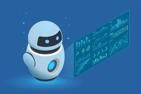 Isometric AI robot assisting a user with data visualization and reports on a 스톡 일러스트