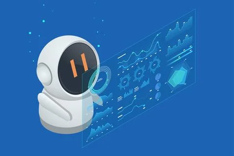 Isometric AI robot assisting a user with data visualization and reports on a Illustrazione stock