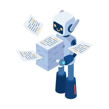 Isometric Ai Robot Carrying Stack of Paperwork Stock Illustration