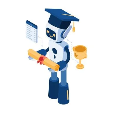 Isometric AI Robot with Graduation Cap and Diploma Stock Illustration