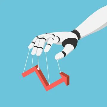 Isometric Ai Robot Hand Puppet and Controlling Financial Market Graph Stock Illustration