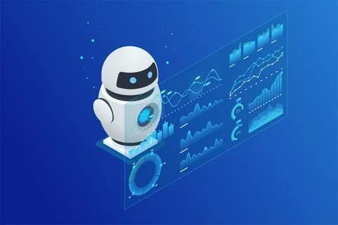 Isometric AI robot interacting with digital analytics interface, displaying KPIs Stock Illustration