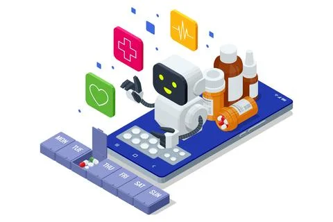 Isometric AI robot managing medication schedule on smartphone. Concept of Illustration