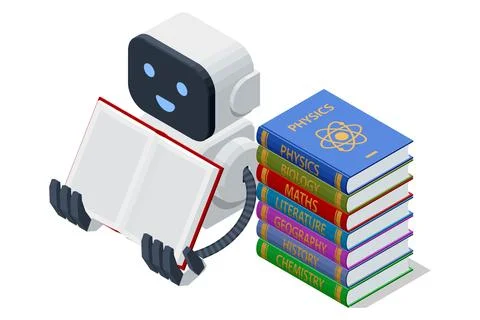 Isometric AI robot reading book with science textbooks. Concept of artificial Stock Illustration