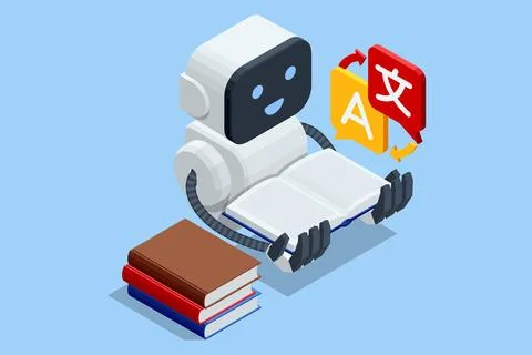 Isometric AI robot reading book with language translation icons. Concept of Illustrazione stock