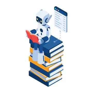 Isometric Ai Robot Reading on Stack of Books Stock Illustration