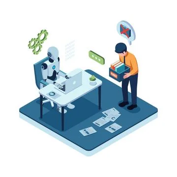 Isometric AI Robot Replacing Human Workers in The Workplace イラスト素材
