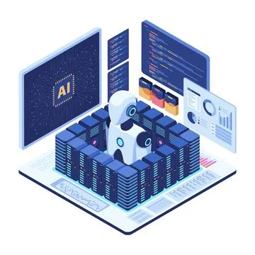 Isometric Ai Robot in Server Room with Data Analytics イラスト素材