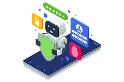 Isometric AI robot with shield protecting smartphone data. Concept of 库存插图