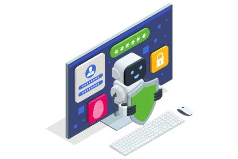 Isometric AI robot with shield securing computer account. Concept of data Stock Illustration