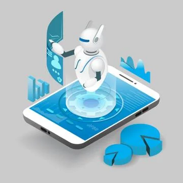 Isometric ai robot on smart phone screen, vector illustration. Artificial Illustrazione stock