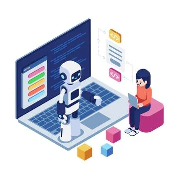 Isometric AI Robot Teaching Child Learn Coding Stock Illustration