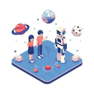 Isometric AI Robot Teaching Space Exploration for Kids Stock Illustration