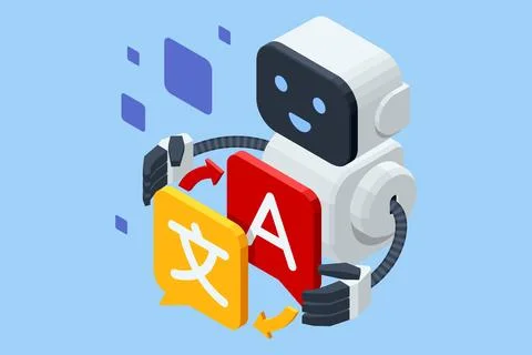 Isometric AI robot translating between languages. Concept of artificial 库存插图