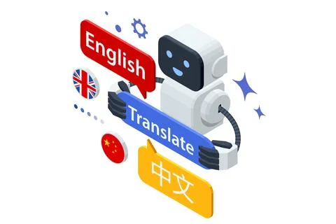 Isometric AI robot translator switching between English and Chinese languages Stock Illustration
