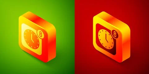 Isometric Alarm clock app smartphone interface icon isolated on green and red Stock Illustration