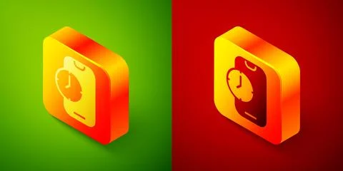 Isometric Alarm clock app smartphone interface icon isolated on green and r.. Illustrazione stock