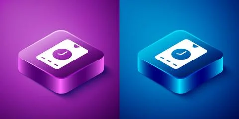 Isometric Alarm clock app smartphone interface icon isolated on blue and pu.. 스톡 일러스트