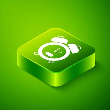 Isometric Alarm clock icon isolated on green background. Wake up, get up conc Stock Illustration