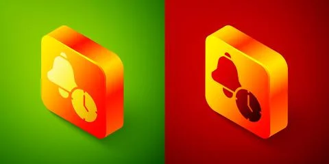 Isometric Alarm clock icon isolated on green and red background. Wake up, get up Stock Illustration