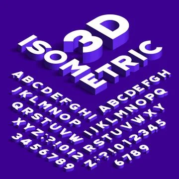 Isometric alphabet font. 3d effect letters, numbers and symbols with shadows. Stock Illustration
