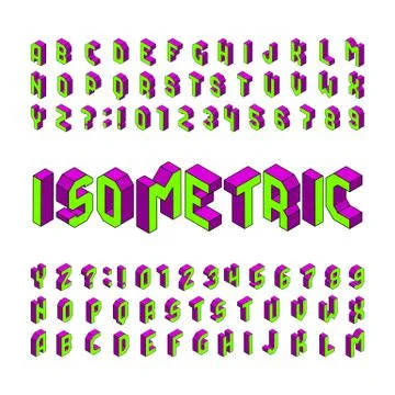 Isometric alphabet font. 3d effect letters and numbers. Stock Illustration