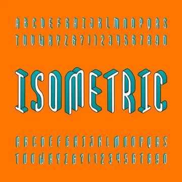 Isometric alphabet font. Td effect outline letters and numbers. Stock Illustration