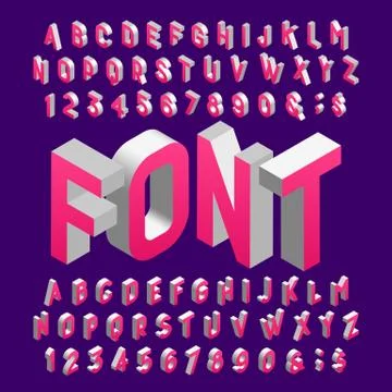 Isometric alphabet font. Three-dimensional effect letters and numbers. Stock Illustration