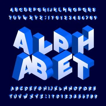 Isometric alphabet font. Three-dimensional effect bold letters and numbers. Stock Illustration