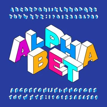 Isometric alphabet font. Three-dimensional effect bold letters and numbers. Stock Illustration
