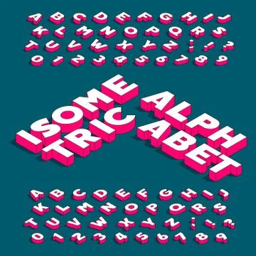 Isometric alphabet font. Three-dimensional effect bold letters and numbers. Stock Illustration