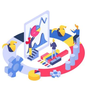 Isometric analytics business team, vector illustration. Flat people character 스톡 일러스트