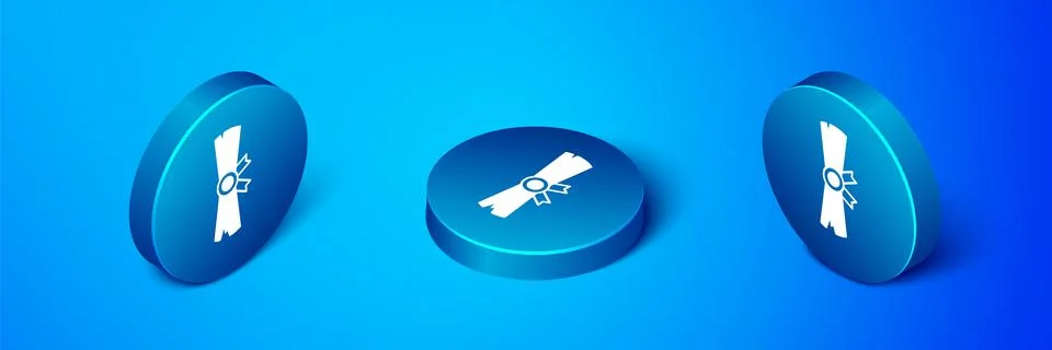 Isometric Ancient papyrus scroll icon isolated on blue background. Parchment Stock Illustration