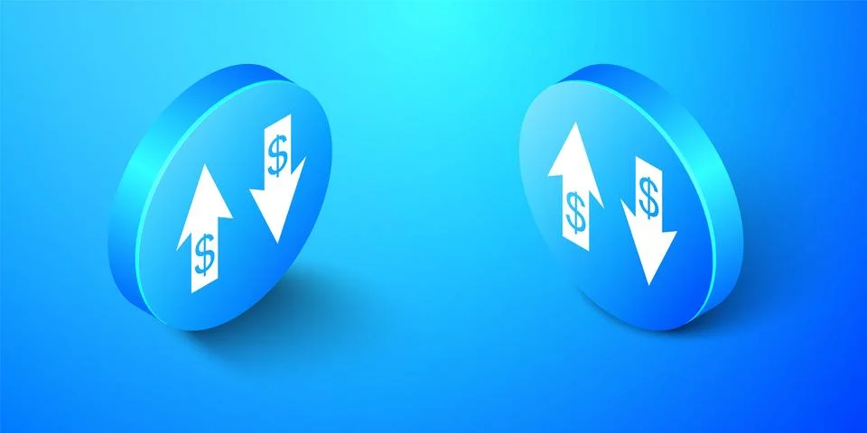 Isometric Up and Down arrows with dollar symbol icon isolated on blue background Stock Illustration