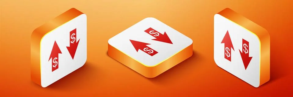 Isometric Up and Down arrows with dollar symbol icon isolated on orange Stock Illustration