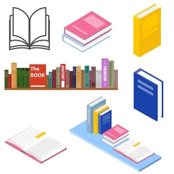 Isometric and flat book icon collection with bookshelf stack open closed イラスト素材
