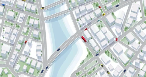 Isometric Animated City Map with Moving Vehicles Crossing Bridges Over Waterways Stock Footage 334931323