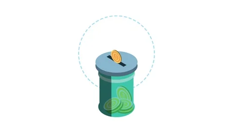 Isometric animation of gold coin falling into glass piggy bank container re.. Stock Footage 338428251