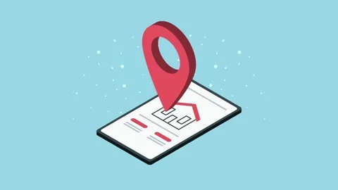 Isometric animation of smartphone screen with house icon and navigation poi.. Video stock 338896080