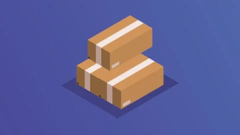Isometric animation of a stack of cardboard boxes moving across a blue back.. Stock Footage 333607089