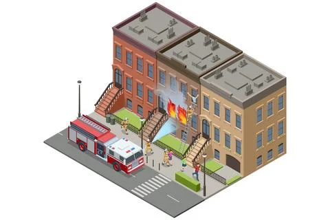 Isometric apartment fire evacuation with firefighter rescue response Ilustración de archivo