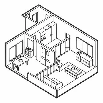 Isometric apartment floor plan - line drawing Stock Illustration