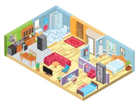 Isometric apartment layout, room interior in modern house, indoor plan view Ilustração Stock