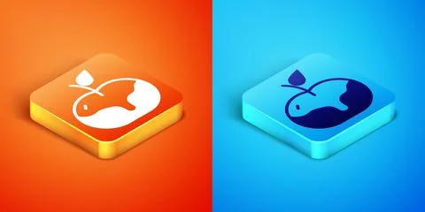 Isometric Apple in caramel icon isolated on orange and blue background. Vector Illustrazione stock