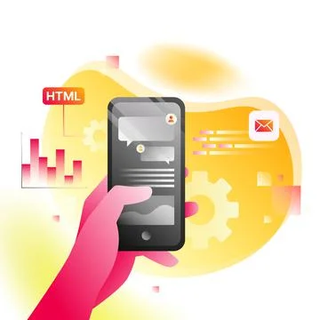 Isometric Application Illustration. Hand holding Smartphone, graphs and gears on Stockillustratie