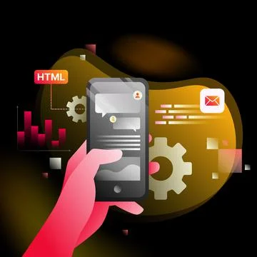 Isometric Application Illustration. Hand holding Smartphone, graphs and gears on 스톡 일러스트